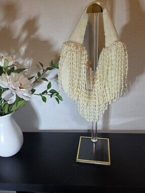 NWT "From India to You" Pearl Beaded Fringe Shoulder Bag Ivory Cream Handbag